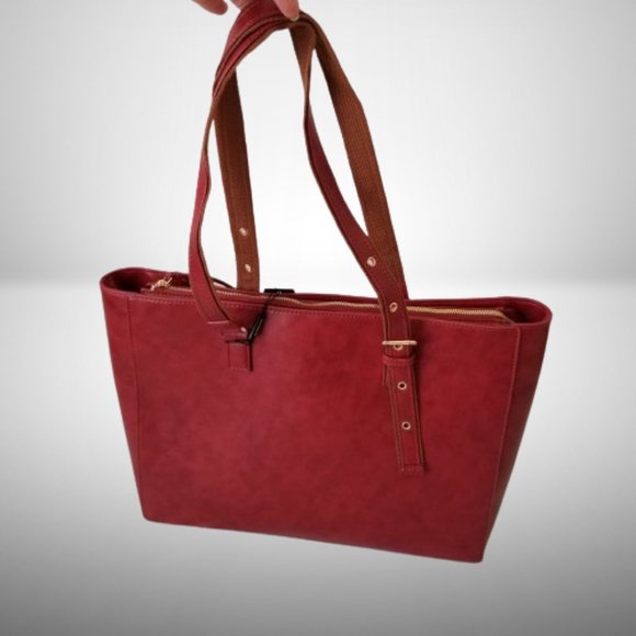 NWT! Burgundy Faux Leather Tote Bag w/Laptop Divider & Luggage Strap - Picture 9 of 14
